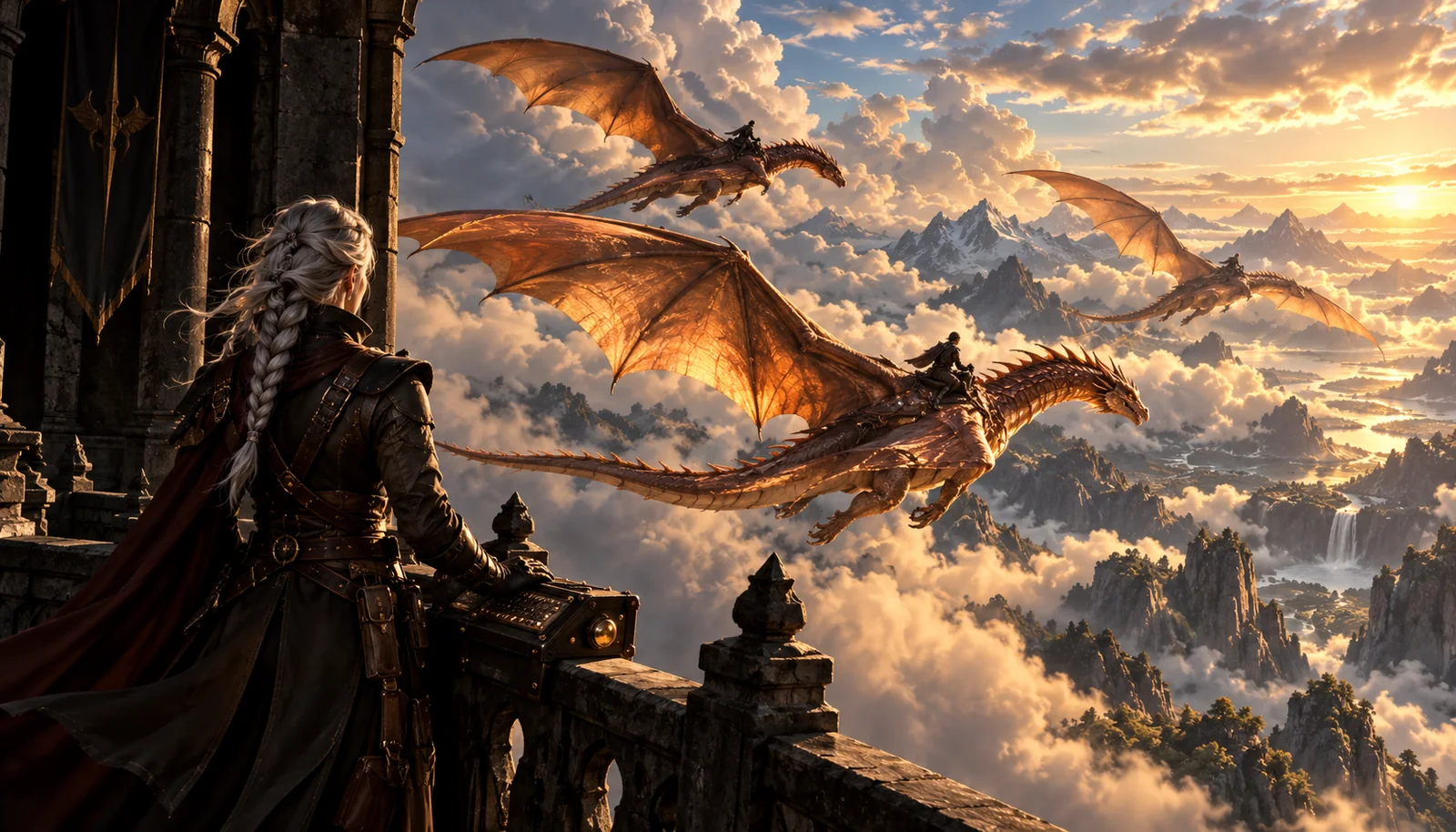 A silver-haired rider watches three copper dragons fly separate paths above a mountain range.