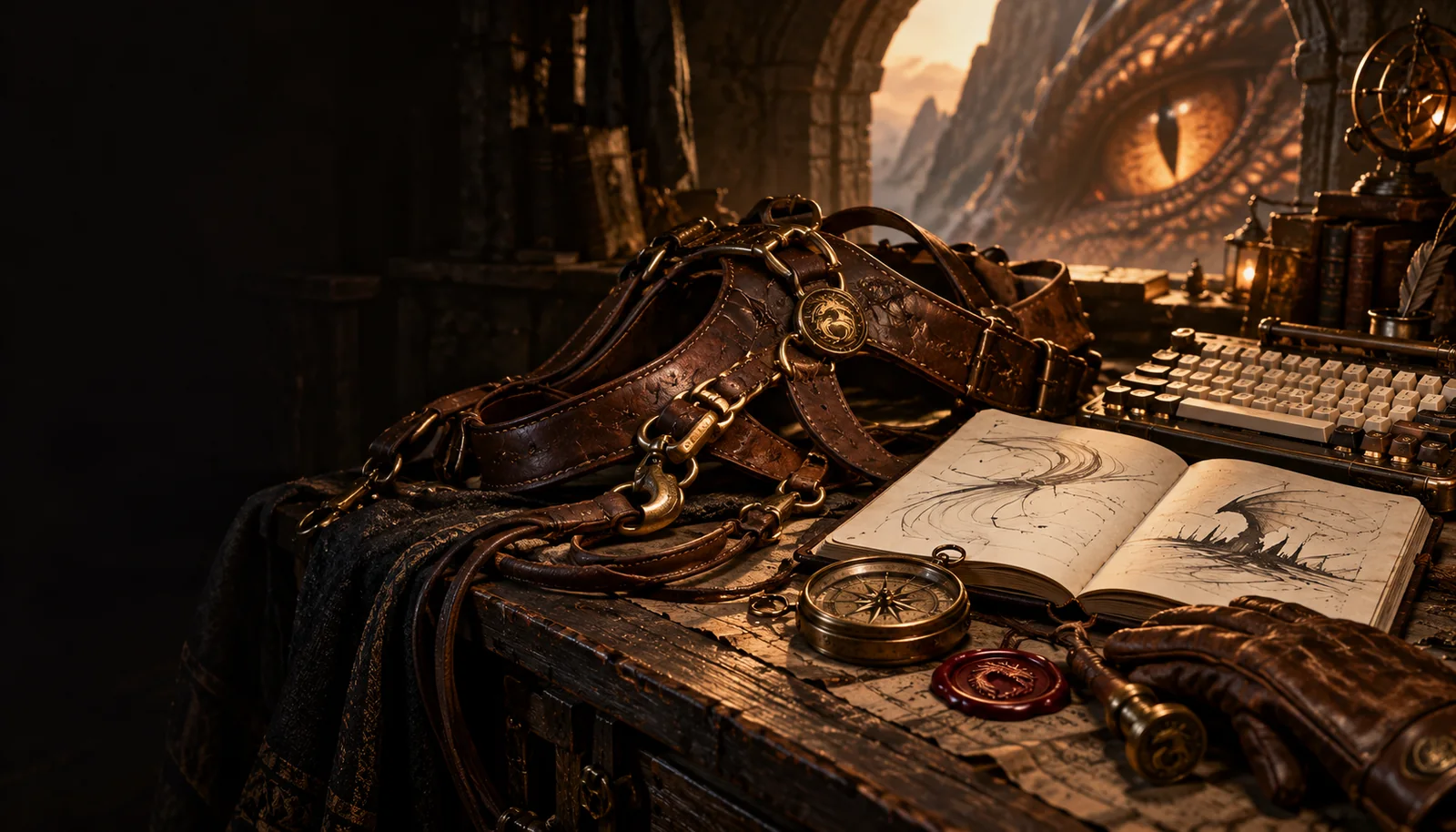 A rider at a workbench fitting a harness to a copper dragon