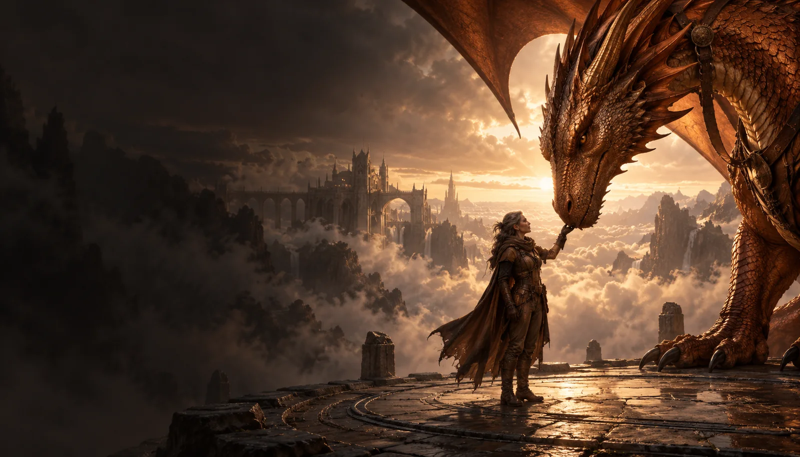 A rider and a copper dragon meet in a sunlit mountain training yard